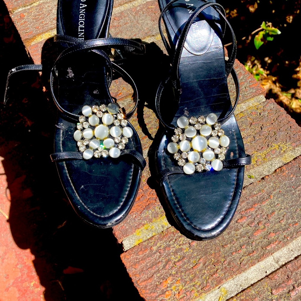 Enzo Anggiolini cross strapped black beaded heels